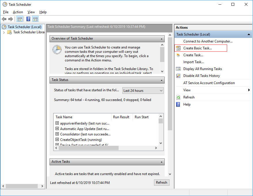 Click create basic task in Windows Task Scheduler