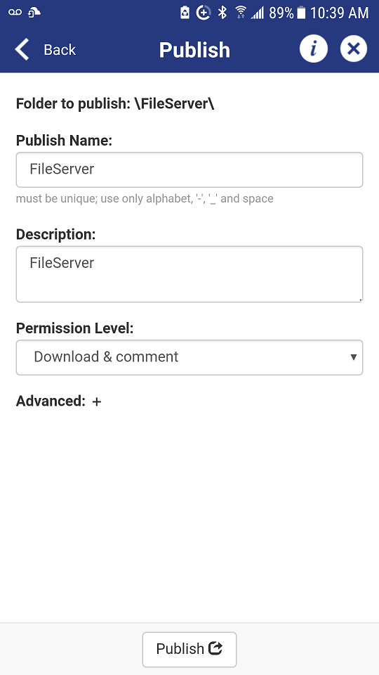 DriveHQ FileManager for Android - Publish a folder for static linking